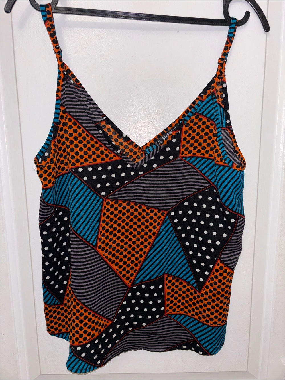 Sleeveless V-Neck Geometric Print Cami - Orange, Teal, Black